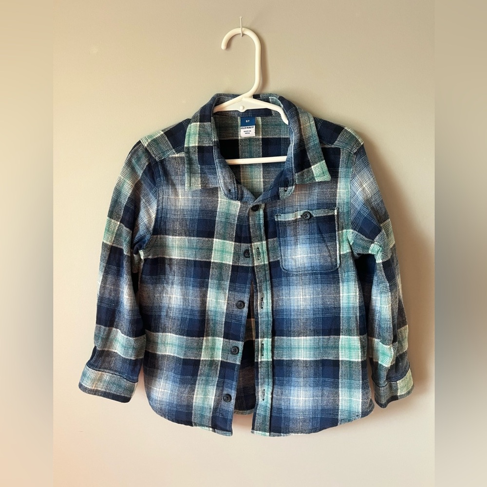 Blue White Aqua Long-Sleeve Plaid Pocket Shirt Bots 5T Old Navy